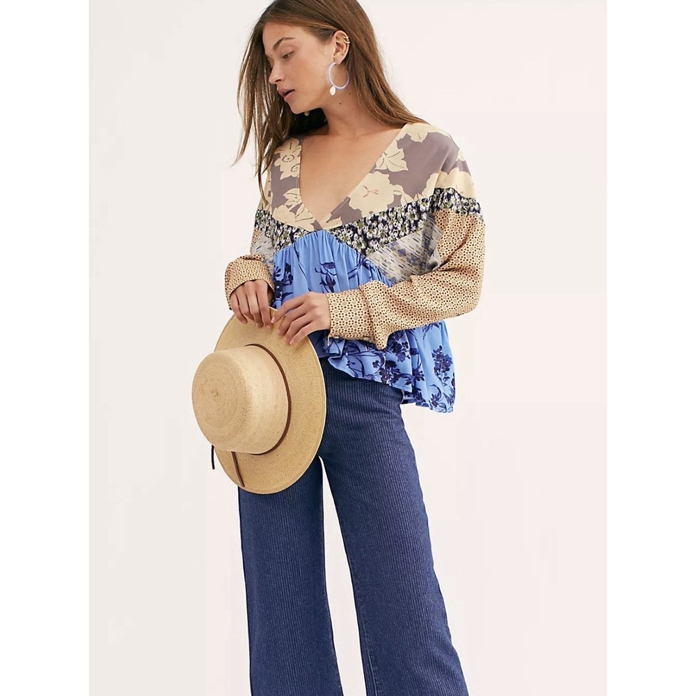 Free People Top Women XS Blue Patchwork Floral Peplum Boho Long Sleeve Top Y2K